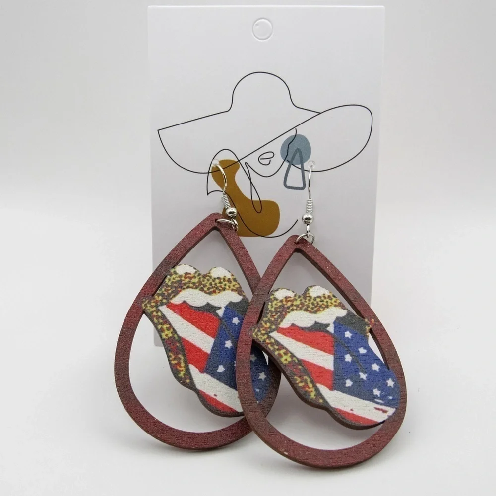 Summer Patriotic Leopard Print USA Wooden Dangle Earrings - Picture 5 of 5